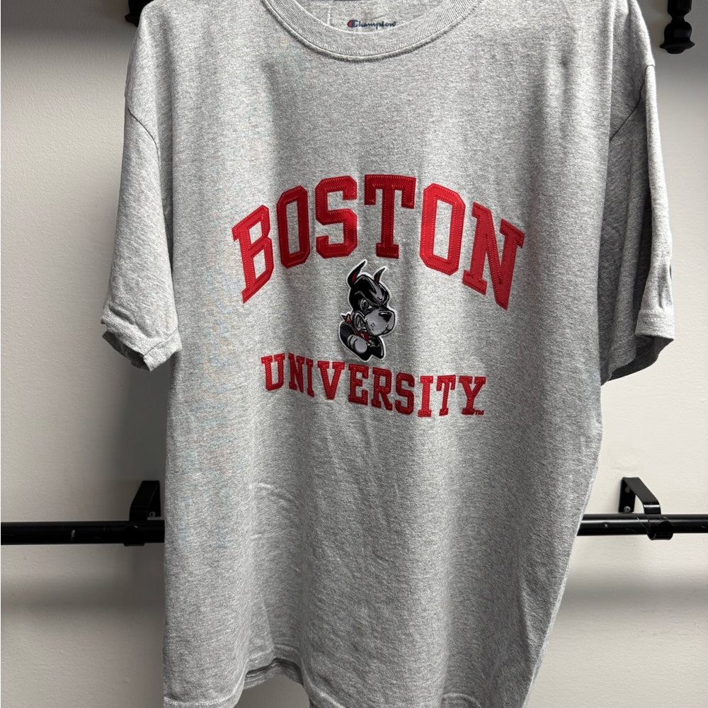 Mens Champion Boston University Tackle Twill Gray T-Shirt